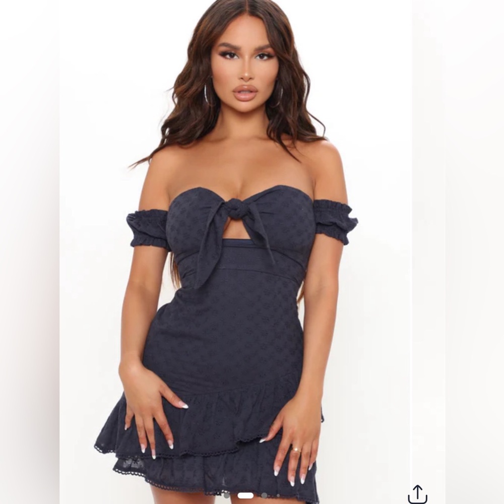 Elegant Navy Off-Shoulder Self-Double Layer Dress